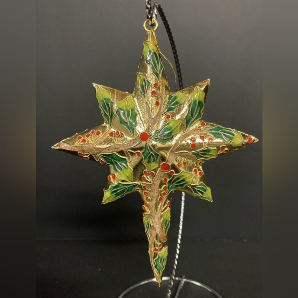 Holiday Star of Bethlehem Ornament with Green Holly and Red Berry Accents